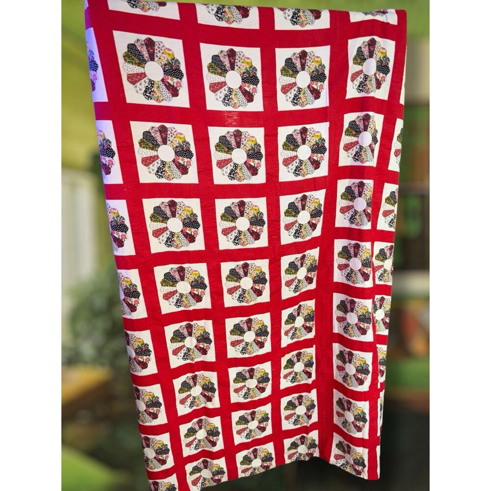 Vintage 1970s Shower Curtain Dresden Plate Chester Quilt Cotton Patchwork